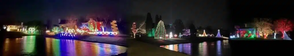 Holiday light displays reflected on a lake featuring a Christmas tree, spiral design and Santa on a sleigh