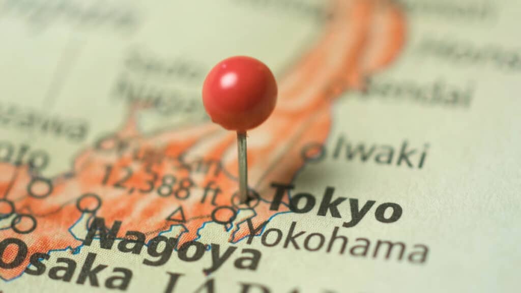 Map of Japan with pin on Tokyo - geography trivia for teens