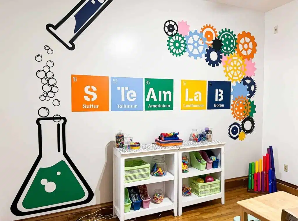 STEAM-themed wall with gears and science illustrations at Joyosity Creative Space in Brookfield.