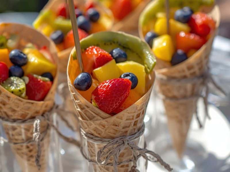 Mango. blueberry and strawberry cuts on wafer ice cream cones