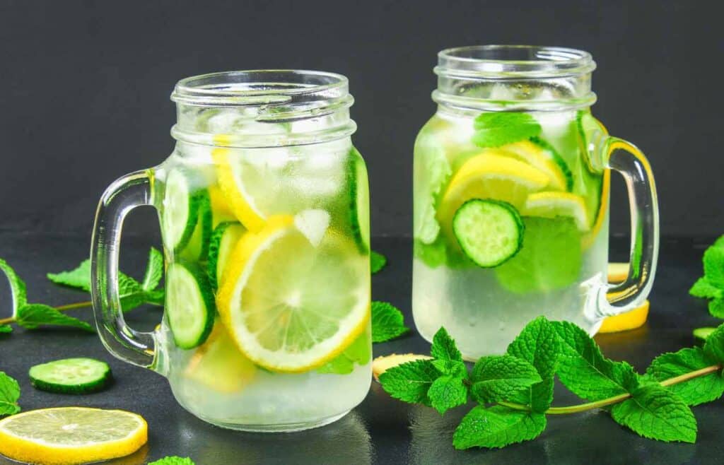 Water with lemon, lime and cucumber slices with sprigs of mint