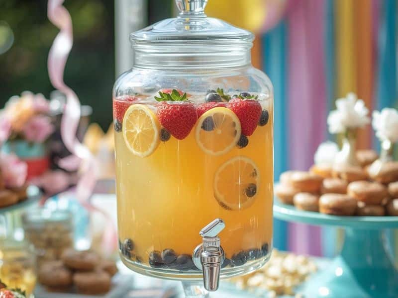 Lemonade inside dispenser with strawberries, blueberries and orange slices at a children's birthday party