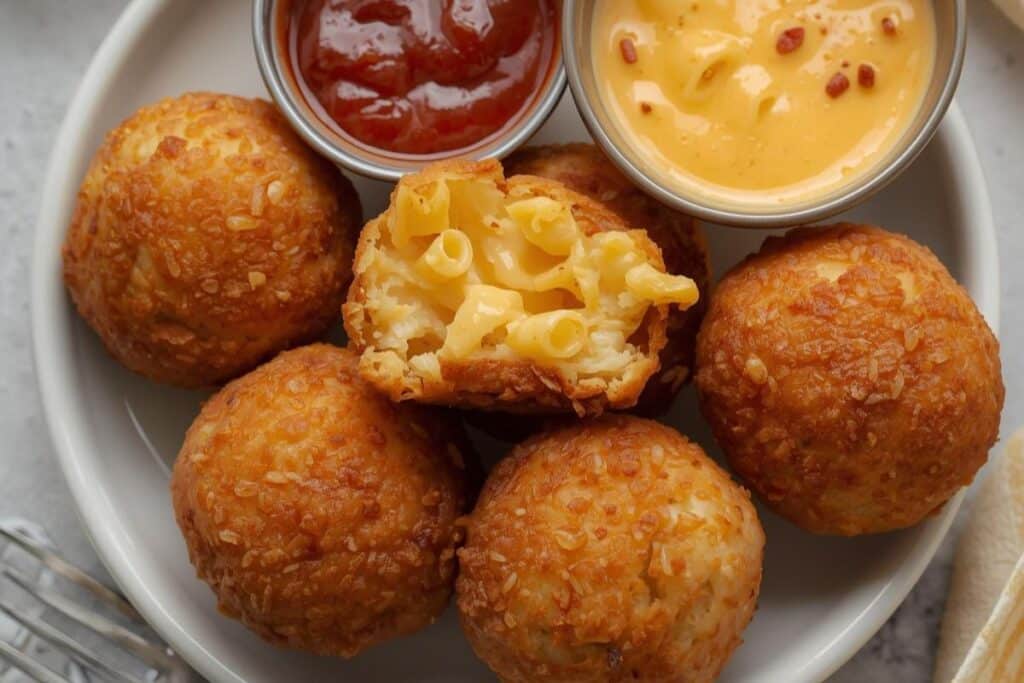 Balls of mac and cheese served with cheese and ketchup dip
