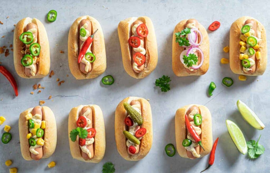 Mini sausages in a bun with peppers, chili and pickles served at a kiddie party