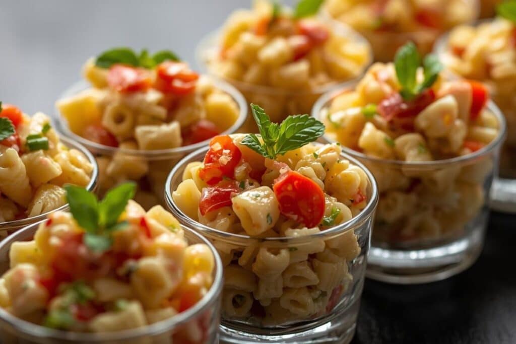Pasta salad with roasted tomatoes served on small glass cups