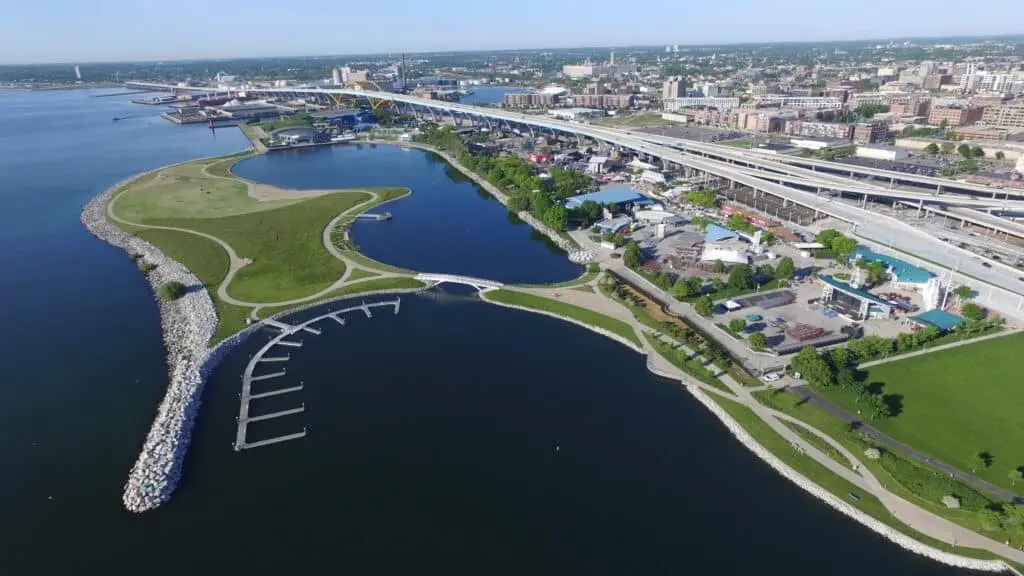 Aerial view of the Lakeshore State Park with view of the lagoon, bridge and boat docks