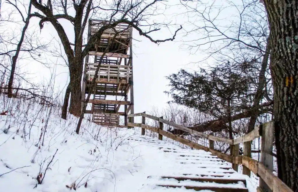 Pathwalk leading to the wooden observation tower in Lapham Peak in Delafield