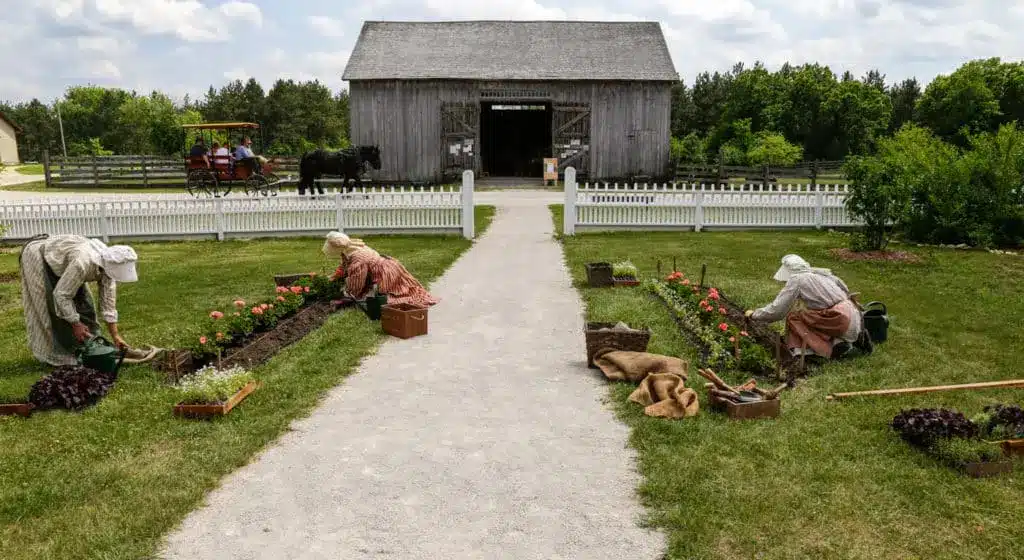 Three women in 19th century dresses planting flowers near white picket fences