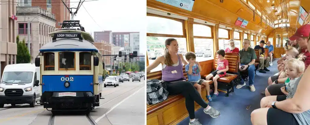 Families riding the Loop Trolley through the Delmar Loop