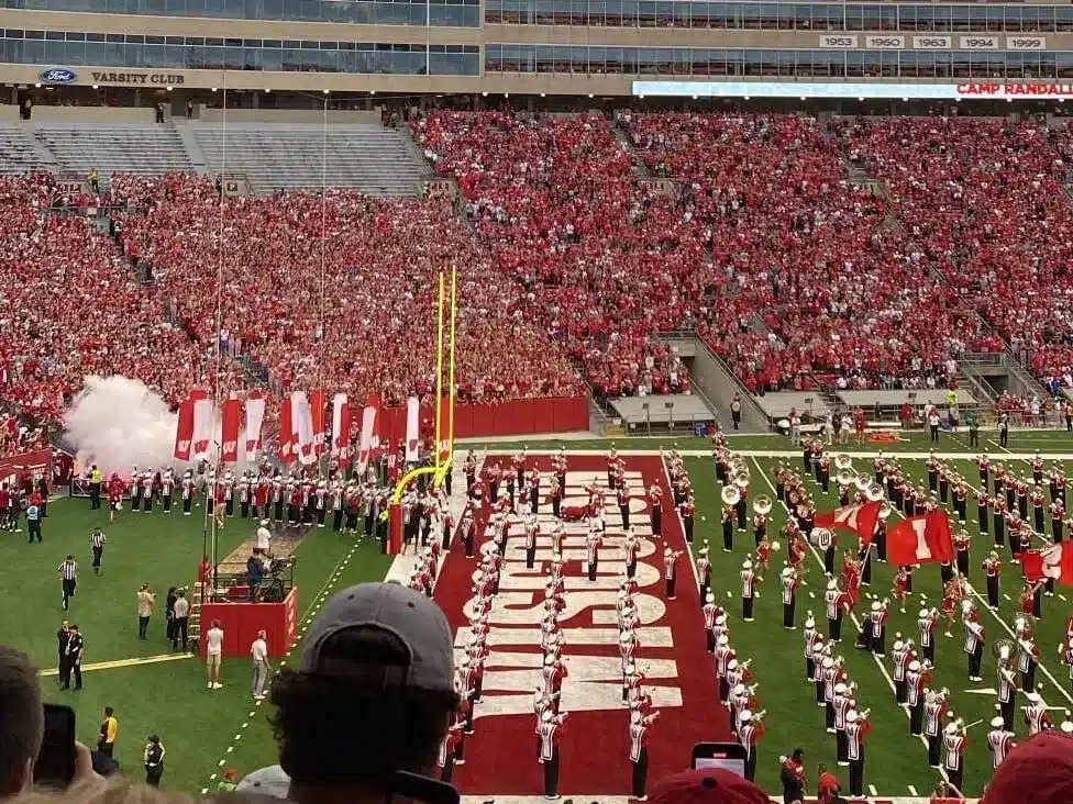 The UW-Madison marching band performs at a Badger football game at Camp Randall Stadium.