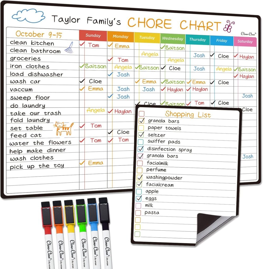 Magnetic dry erase family chore chart with weekly schedule, shopping list, and colorful markers for kids and parents.