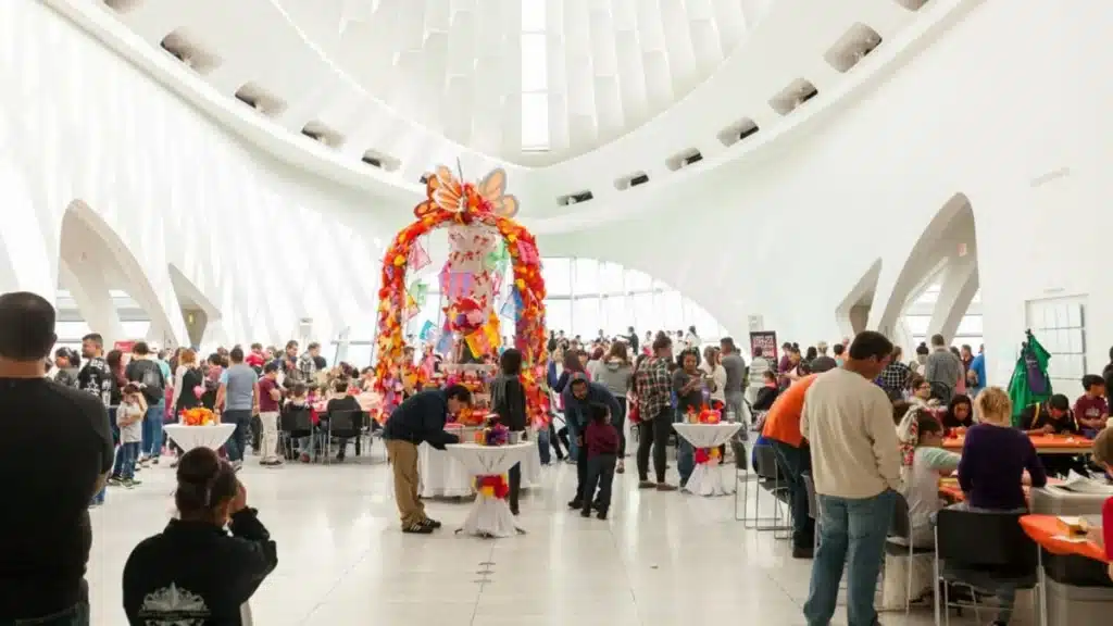 Families attending art activity inside Windhover Hall at Milwaukee Art Museum