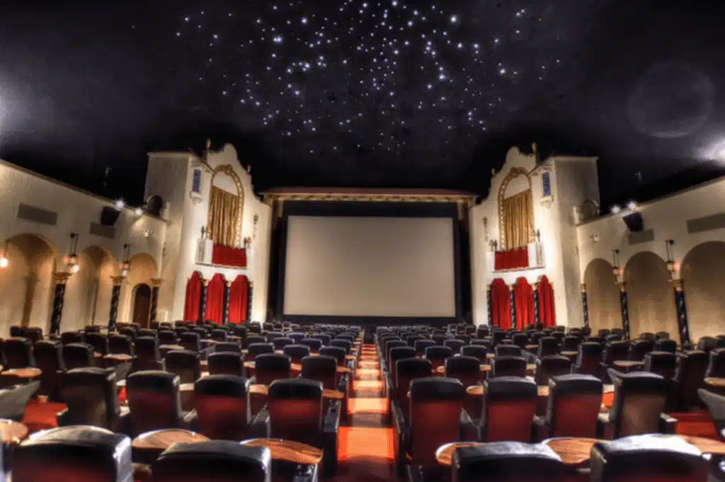 Interior of Avalon Atmospheric Theatre with starry ceiling and vintage movie seating.