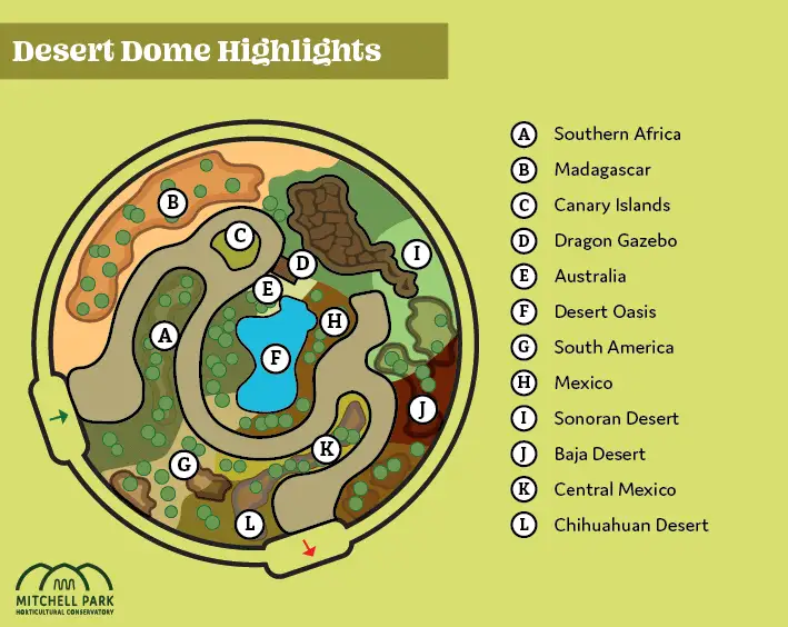 A graphic iluustration of the The Domes Desert Dome map featuring different kinds of micro ecosystems