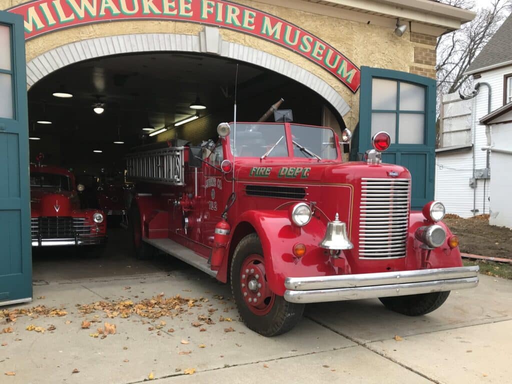 Vintage red fire truck inside the Milwaukee Fire Museum