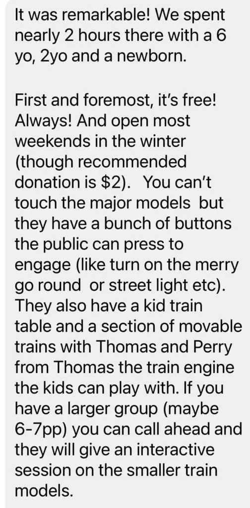 A screenshot of an Instagram message as feedback about Milwaukee Lionel Railroad Club experience