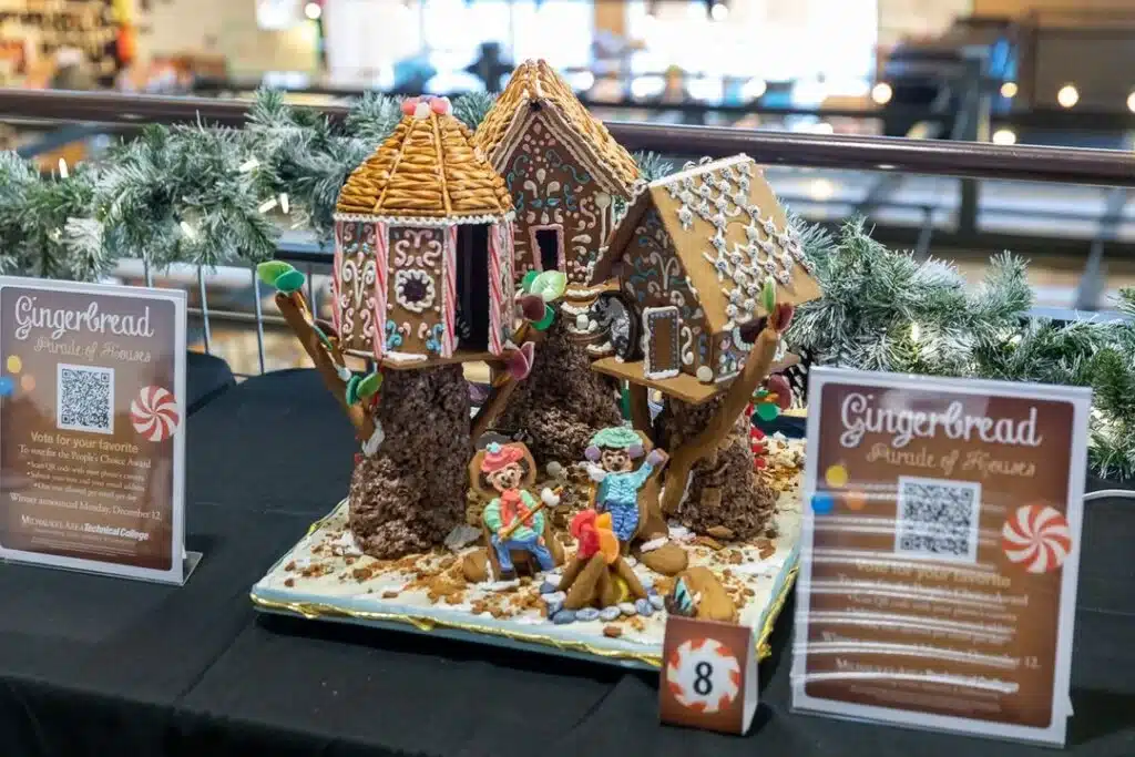 An contest entry for Gingergread Parade of Houses, consisting of three small gingerbread treehouses at Milwaukee Public Market