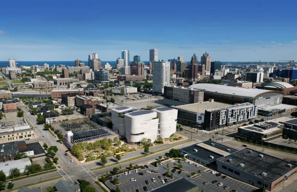View of the Milwaukee cityscape with addition of the new museum in the foreground and several skyscrapers in the background