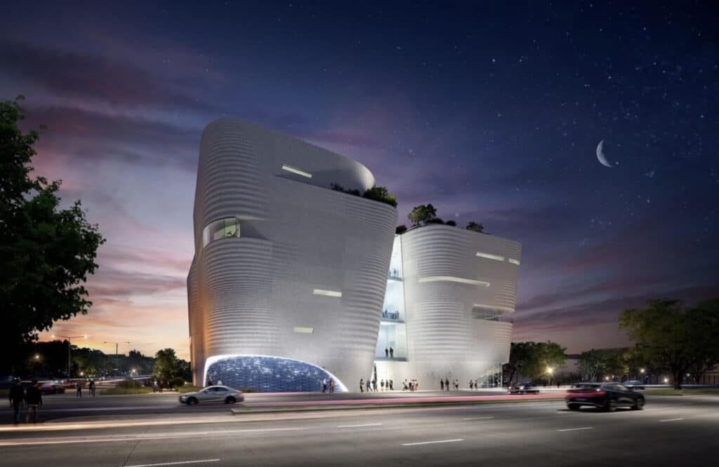 The new museum highlighting the LED light features during evening