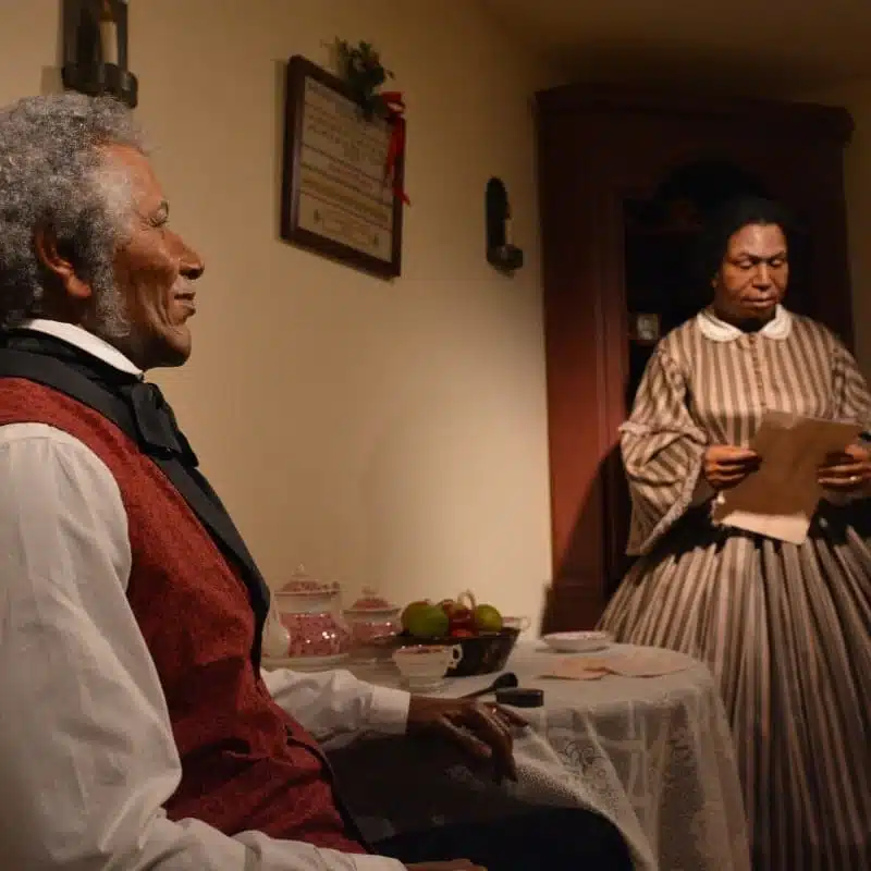 An exhibit showing an old black American man waiting at the table for his wife in a 19th century setting