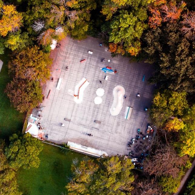 Aerial view of Estabrook Skatepark with view of some skaters trying the ramps