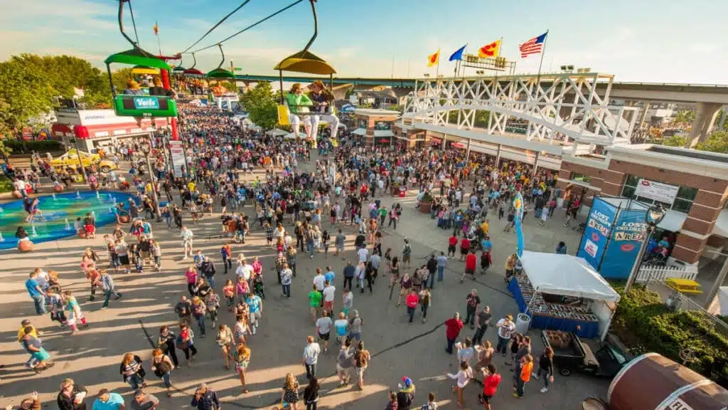 An aerial view of people attending the Summerfest event at downtown Milwaukee