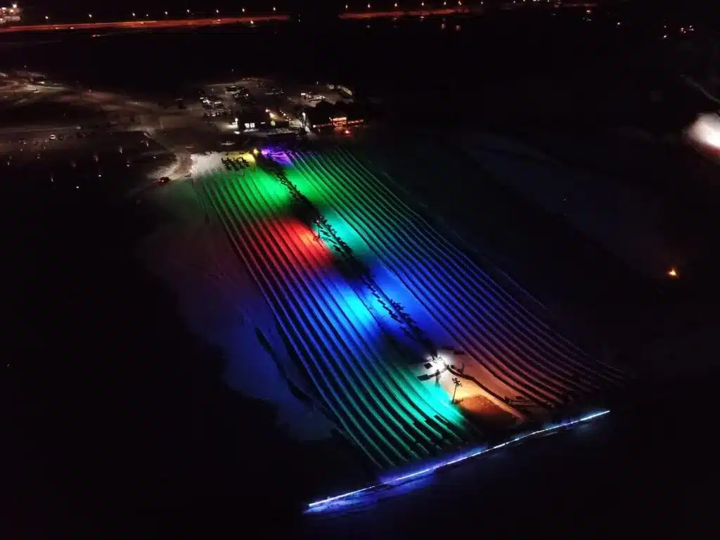 Glow tubing lanes lit at night at Crystal Ridge in Franklin Wisconsin.
