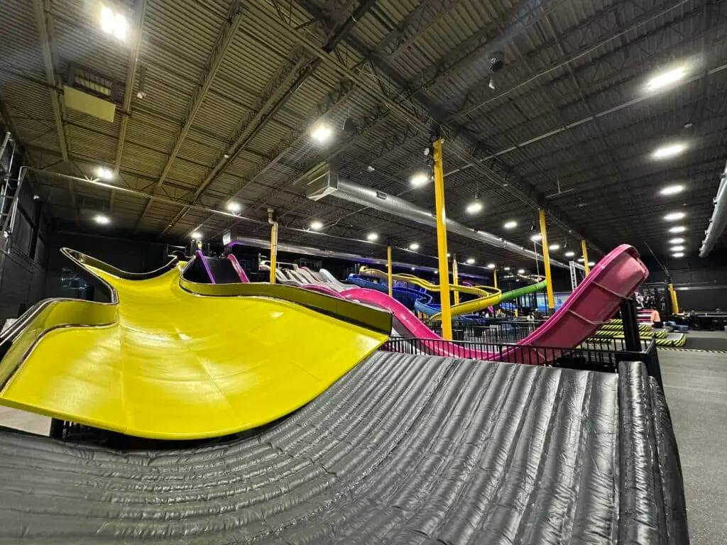 Indoor amusement park slides at Slick City in Milwaukee during winter