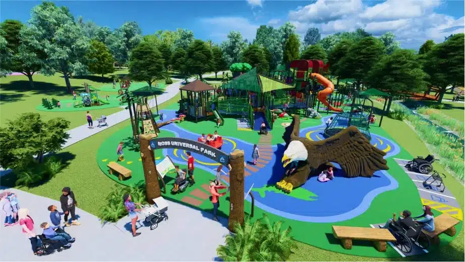 An aerial view of Moss Universal Park with kids playing in a playground structure with some kids on their wheelchairs