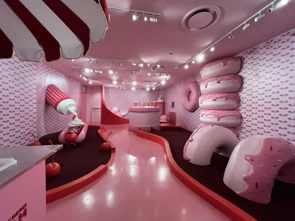 A fully pink, ice-cream-themed room at the Museum of Ice Cream Chicago with giant donut props, oversized cherries, and whimsical décor.