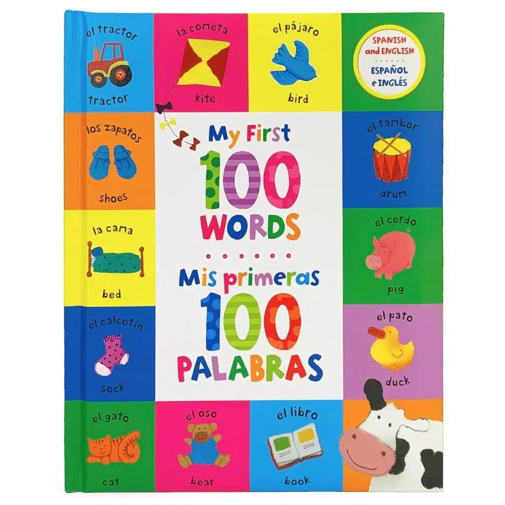 Book cover of “My First 100 Words – Mis Primeras 100 Palabras” by Cottage Door Press – bilingual first vocabulary book featuring everyday objects for toddlers.