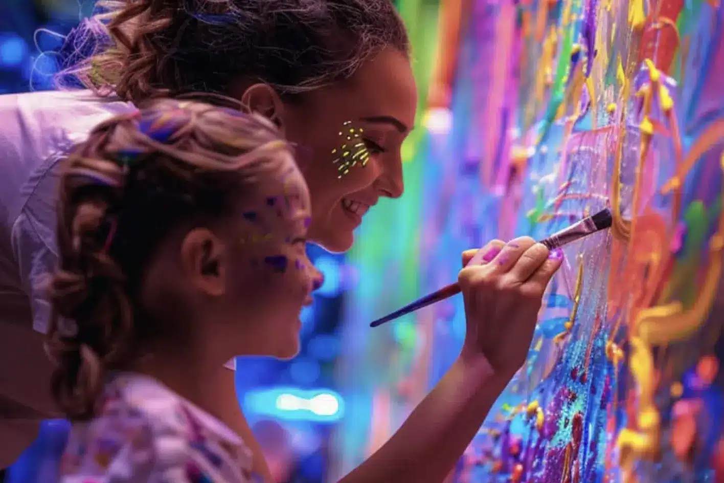 Young child painting at a UV-lit art station with a parent nearby in a neon glow environment.
