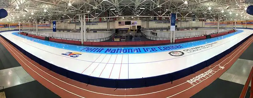 Fish eye shot of Petit National Ice Center in Milwaujkee with two ice skating rinks