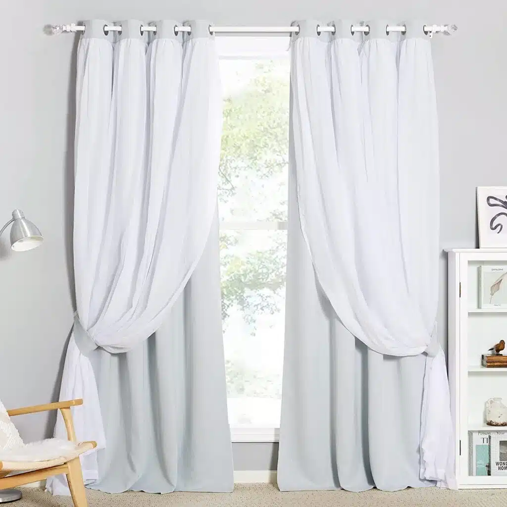 Pony Dance White Blackout Curtains for baby's nursery, long gray panels with a sheer white cover.