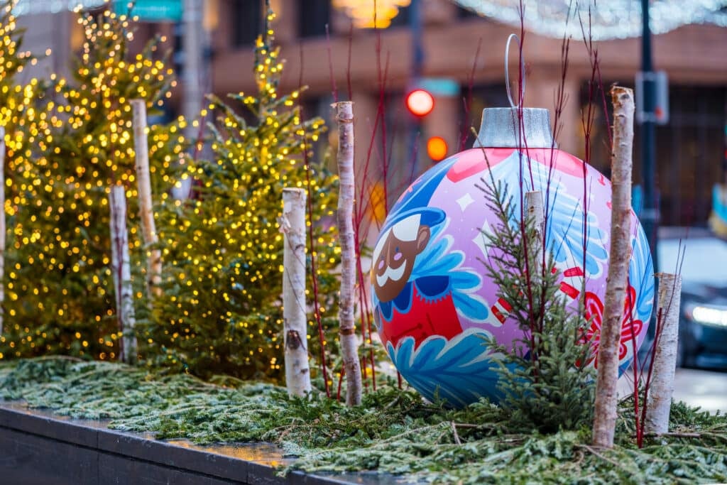 A giant Christmas ball with a painted Mrs Claus as part of the Ornament Trail in Downtown Milwuakee