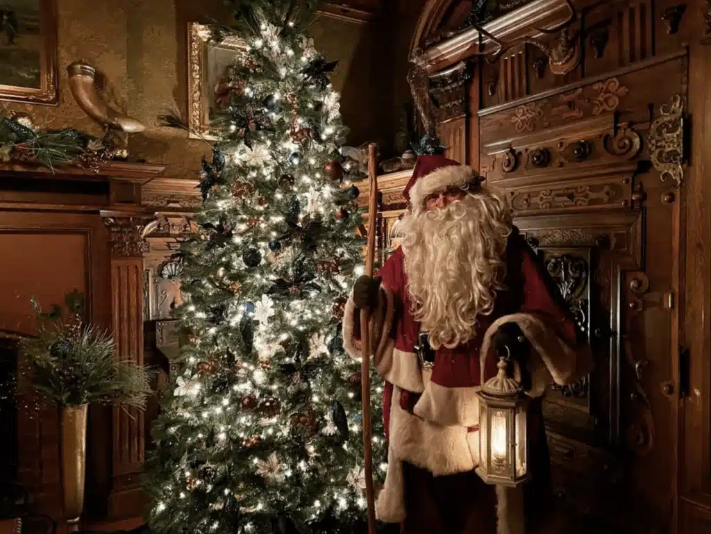 A corner inside the Pabst Mansion is a slim holiday tree and a life size Santa statue