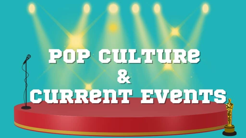 Stage lights, podium, trophy and microphone -  pop culture and current events trivia for middle school students