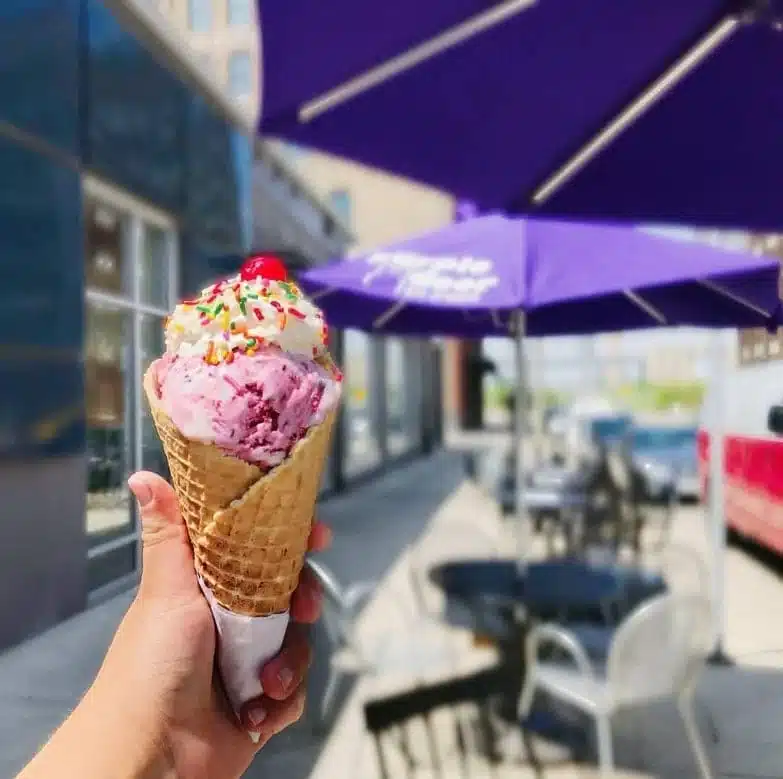 Hand holding sprinkled ice cream cone outside Purple Door Ice Cream in Milwaukee.