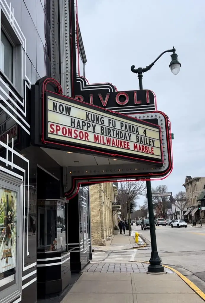 Front of Rivoli Theater in Cedarburg with a marquee that say Now Fung Fu Panda 4
