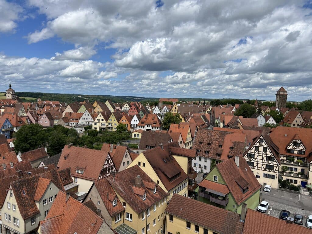 The Rothenburg skyline with red roofs andthe Roderturn Tower in the background