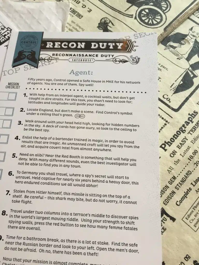 Spy-themed SafeHouse Milwaukee mission sheet with playful scavenger hunt instructions.