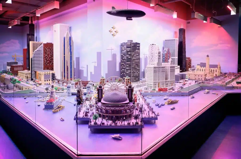 LEGO Miniland model of Chicago skyline with buildings, Navy Pier, and waterfront.
