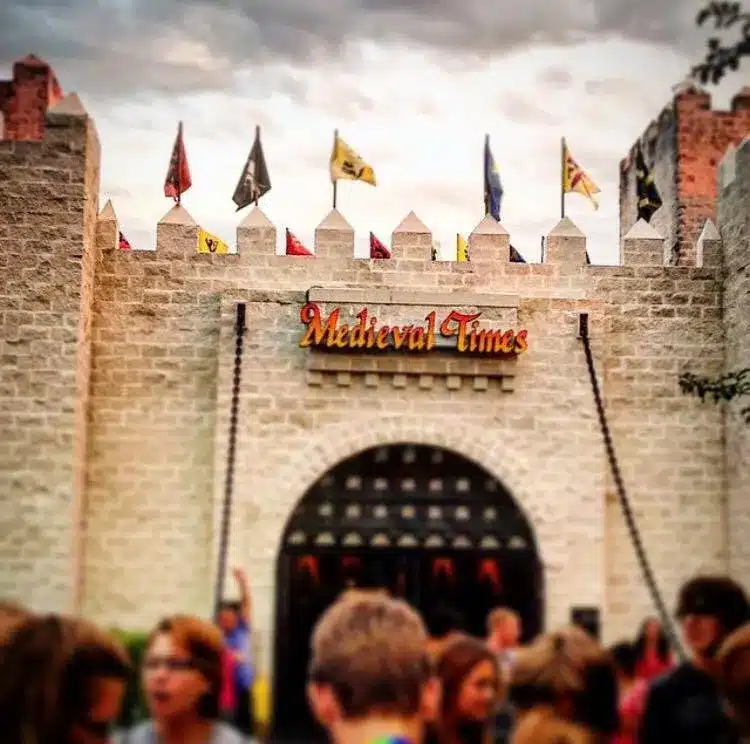 Entrance to Medieval Times in Schaumburg with castle-style walls, colorful flags, and crowds.