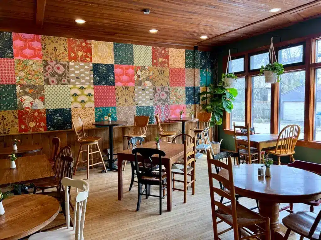 A quilt mural as accent wall at Seven Swans Creperie in Riverwest Milwaukee
