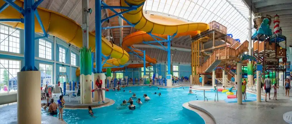 Indoor water park with lazy river and slides at Blue Harbor Resort in Sheboygan