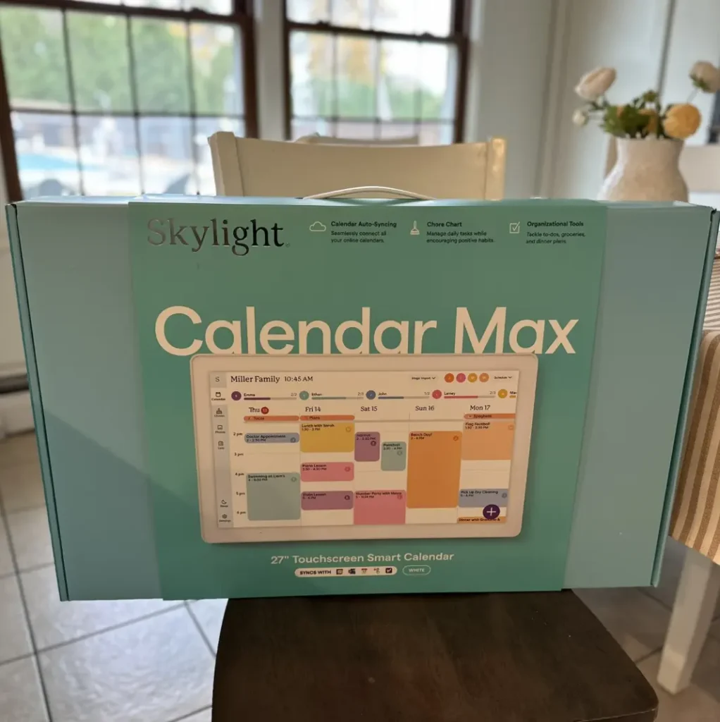 Skylight Calendar Max product box showing 27-inch touchscreen calendar display