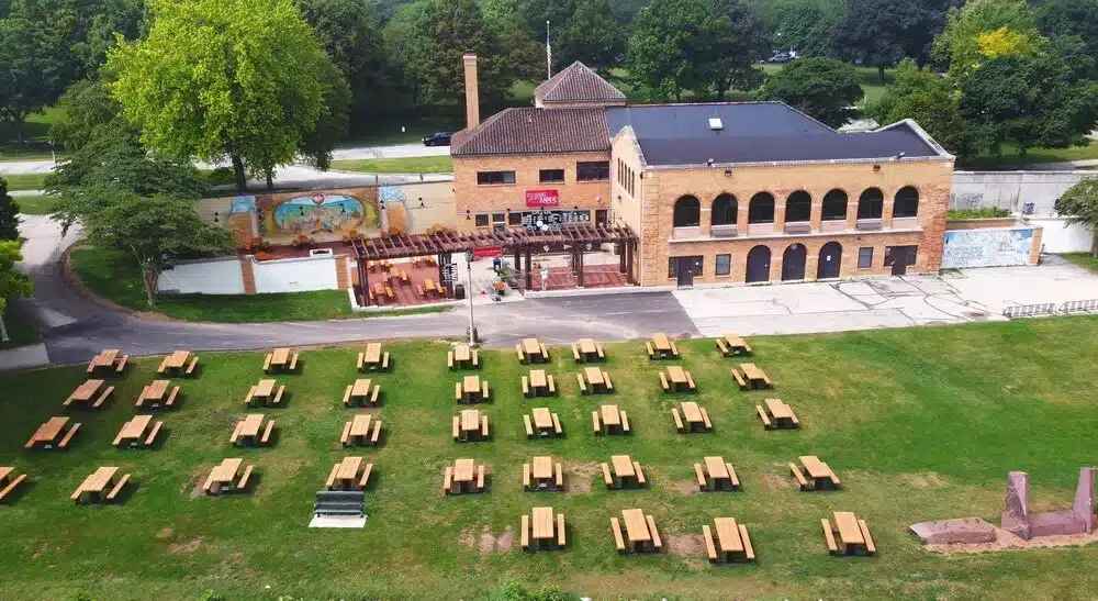 Aerial view of South Shore Terrace with several park benches