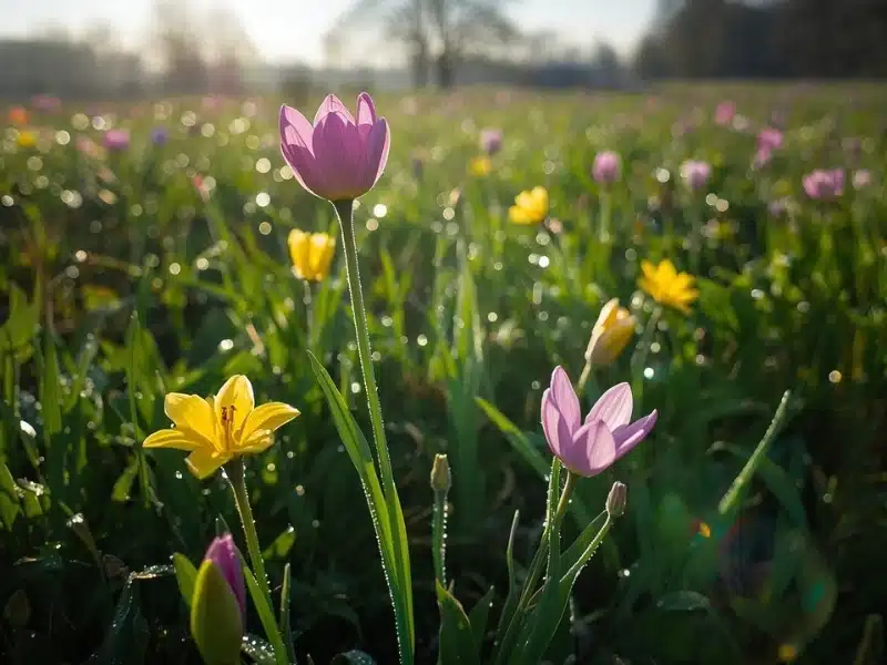 Blooming flowers and green fields on a sunny spring morning.