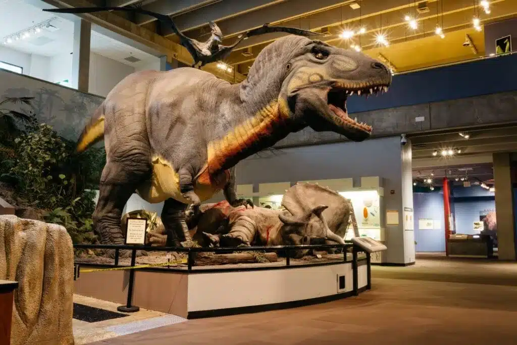 Life-size dinosaur exhibit inside the Saint Louis Science Center