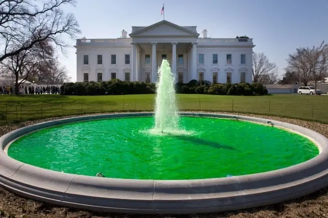 The White House's fountain turning green during St. Patrick's Day